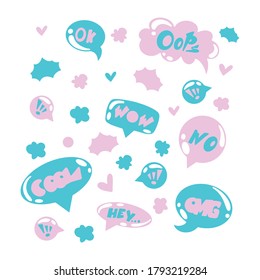 Set of comic speech bubbles. Vector illustration on a white background. Colored speech bubbles with words and phrases. Icons for communication and thoughts.
