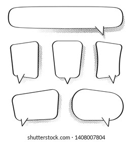 Set of comic speech bubbles. Vintage empty comic bubbles with halftone effect in pop art style. Dialog and discussion, thinking and talking clouds. Vector