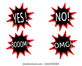 set of comic speech bubbles with the words YES,NO,BOOM and OMG	