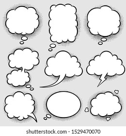 Set of comic speech and thought bubbles. Empty comic speech ballons and elements in retro vintage and pop art style. Speech bubbles with halftone shadow.