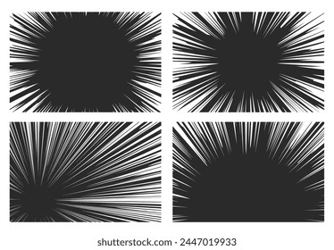 Set of Comic Speed Lines, Abstract Flash Explosion With White Radial and Straight Lines On Black Vector Background