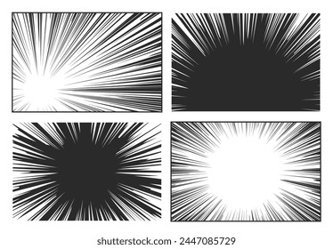 Set of Comic Speed Lines, Abstract Flash Explosion With White Radial and Straight Lines On Black Vector Background
