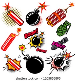 Set of comic style bombs, dynamite, grenade. Design element for poster, card, emblem, print, flyer, banner. Vector illustration