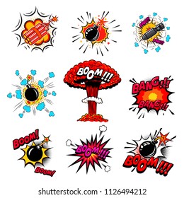 Set of comic style bombs, dynamite, explosions. Design element for poster, card, emblem, print, flyer, banner. Vector illustration