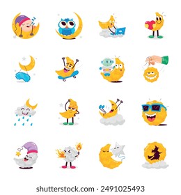 Set of Comic Style Moon Emoji Stickers


