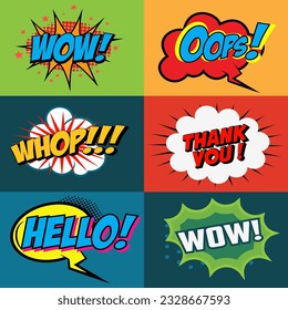 Set of comic style phrases on colorful background. Pop art style phrases set. Wow! Oops! Whop!  Design element for poster, flyer. Vector design element.