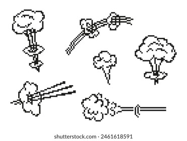 Set of comic style pixel action effects, speed lines on white background. Pixel art, 8 bit style. vector illustration