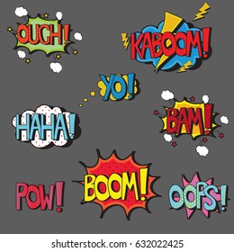 Set von Popkunstwörtern im Comic-Stil in Sprachblasen. Einzige Vektor-Phrasen. Soundeffekt-Icons von ouch, kaboom, yo, haha, bam, boom, pow und oops. Handgeschriebene, mit Farbe gefüllte Briefe sind haltbar.