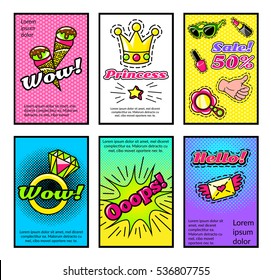 Set of comic style posters for girls with crown icecream ring and makeup sale isolated vector illustration   