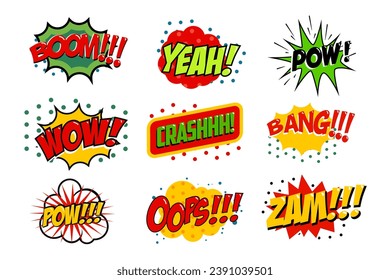 Set of comic style sound effects. Vector illustration. Pop art style phrases. Cartoon text effects.