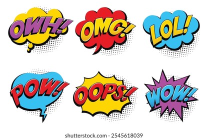 Set of comic style speech bubble with text expression effect collection. comics pop art style with dots pattern design.isolated on white background
