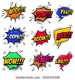 set of comic style speech bubbles with sound text effects. Design element for poster, card, banner, flyer. Vector illustration