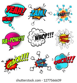 set of comic style speech bubbles with sound text effects. Design element for poster, card, banner, flyer. Vector illustration