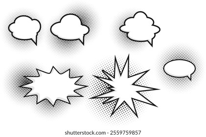 A set of comic style speech bubbles vector featuring halftone shading, perfect for comic or pop art designs.	