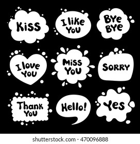 Set of comic style speech bubbles. Collection various blots with, message, phrases, words, expressions. White balloons with text on black background.