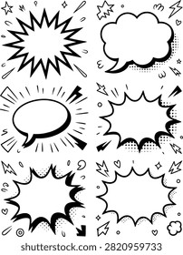 Set of comic style speech and thought bubbles with dynamic explosion effects isolated on transparent background