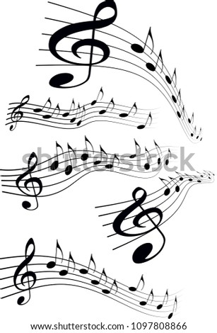 Set of comic style various music notes on stave, vector illustration