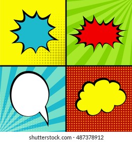 Set comic text collection colored cloud pop art vector style. Set message empty bubble sound background speech cartoon expression illustration. Comics book effect template.