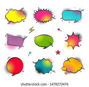 Set of comic text, pop art style or Comic speech bubbles set with different emotions. Vector bright dynamic cartoon illustrations.