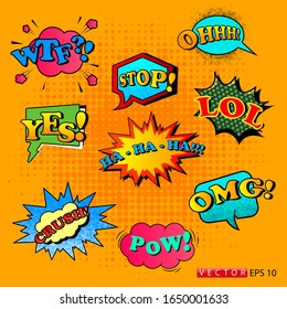 Set of Comic Text, Pop Art style. Stickers in different formats and colors. EPS 10