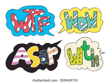 Set of Comic Text, Vector Comic Speach, Pop Art style.WTF, WTH, WOW and ASAP funny text bubbles