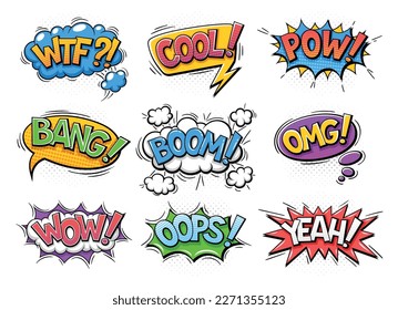 Set of comical explosions in pop art style. Retro speech bubbles with inscriptions of different sound effects. Pow, wow, omg, oops, bang. Cartoon flat vector collection isolated on white background