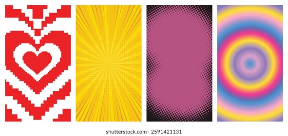 Set Of comic,halftone,pixel heart,Colorful gradient Backgrounds. Lovely Vibes Posters Design. Trendy Y2K Illustration.	
