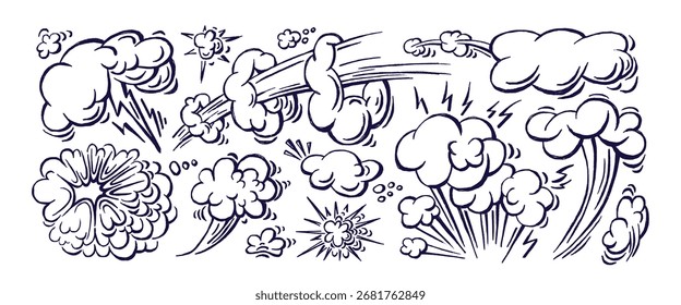 Conjunto de bombas e explosões de quadrinhos. Lápis, conjunto de rabiscos de giz. Surpresa efeito de arte bang. Elementos desenhados à mão de coleção para impressão. Sinal vetorial isolado no plano de fundo branco