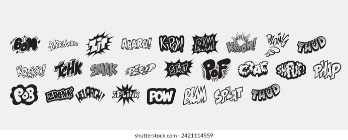 Montón de bombas de historietas y explosiones. Burbujas de discursos con palabras salpicadas, bam, crack, pow, boom, crash y bang. Diseñar elementos para imprimir. Colección vectorial plana de dibujos animados aislada en fondo blanco