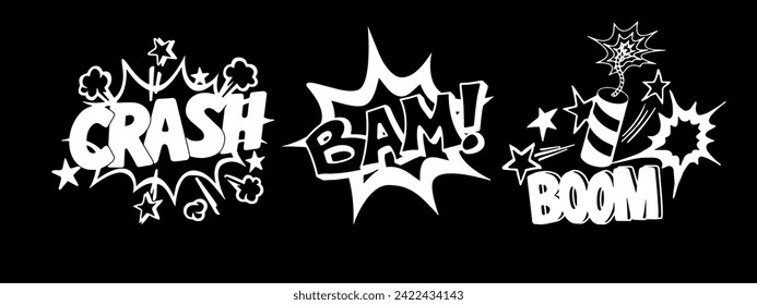 Montón de bombas de historietas y explosiones. Burbujas de discursos con palabras salpicadas, bam, crack, pow, boom, crash y bang. Diseñar elementos para imprimir. Colección vectorial plana de dibujos animados aislada en fondo blanco