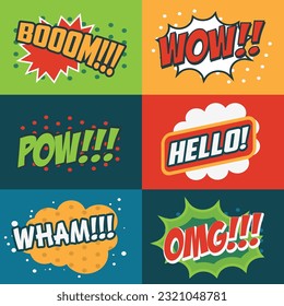Set of Comics Bubbles in Vintage Style. Set of comic style phrases. Boom, Wow, OMG, WHAM, HELLO!, POW!!!.