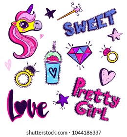 Set of comics elements, 3d sketch style text Pretty girl, Sweet, Love drawing in calligraphic style, girlish badges, heart, stars, rings with precious stone, brilliant, Unicorn, magic wand, cocktail