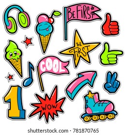 Set of comics elements, hands sign ok, victory, arrow, flag with text be first, cool, wow. Childish cartoon cone ice cream, headphone, roller skates, speech bubble, number one. childish badges