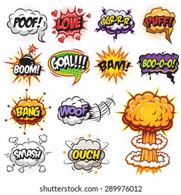 Set Of Comics Speech And Explosion Bubbles. Colored With Text