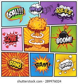 Set Of Comics Speech And Explosion Bubbles On A Comics Book Background. Colored With Text