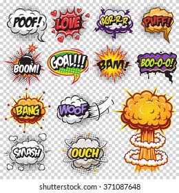 Set of comics speech and explosion bubbles. Colored with text on transparent background.