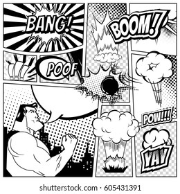 Set of comics speech and explosion bubbles on a comics book page background. Super hero, rocket, city silhouette and firework design elements