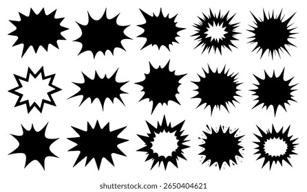 Conjunto de formas de explosão preta estilo quadrinhos. Estrelas desenhadas à mão e elementos de impacto para design de ação, adesivos, quadrinhos e efeitos dinâmicos.