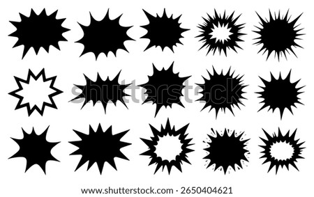 Set of comic-style black explosion shapes. Hand-drawn starbursts and impact elements for action design, stickers, comics, and dynamic effects.