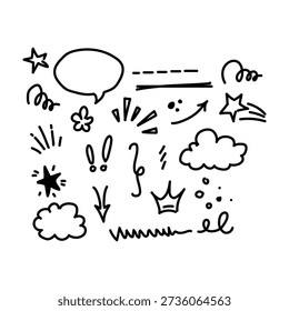 A set of comic-style illustrations including speech bubbles, stars, and other decorative elements.