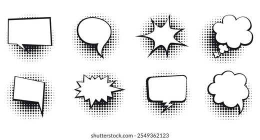 Set of comic-style speech and thought bubbles in black and white with halftone effect.