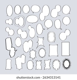 Set of comic-style speech and thought bubbles in various shapes. Ideal for comics, pop art, stickers, or dialogue design in illustrations and web.