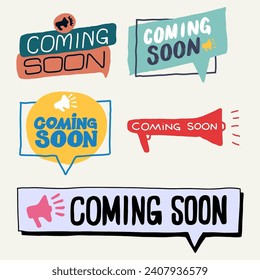 Set of Coming soon. Colored vector illustrations on white background. Collection of modern coming soon banner icons. Flat web label elements.