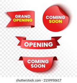 Set of coming soon and grand opening banners. Red ribbons, tags and stickers. Vector illustration.