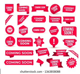 Set of Coming Soon promo banners, stickers and tag labels. Red design shop or store banners and ribbon signs. Vector illustration. Isolated on white background.