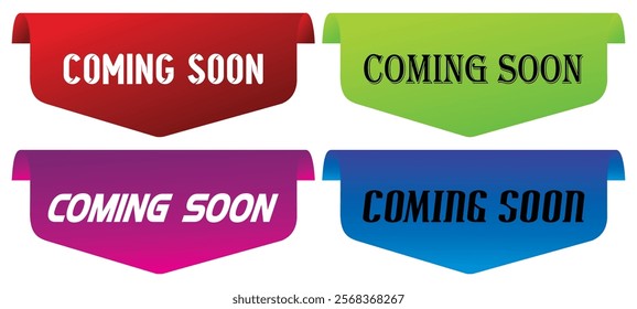 Set of coming soon promo banners, stickers and tag labels. Stickers for new arrival shop product tags. Vector illustration, Isolated on white background