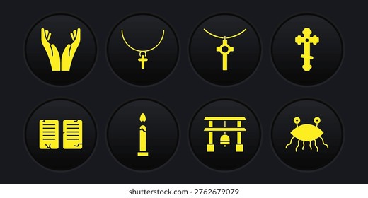 Set The commandments, Christian cross, Burning candle, Japan Gate, on chain, Pastafarianism and Hands praying position icon. Vector