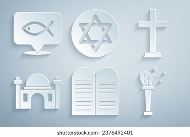 Set The commandments, Christian cross, Muslim Mosque, Aspergillum, Star of David and fish icon. Vector