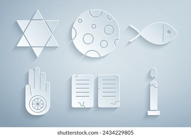 Set The commandments, Christian fish, Jainism or Jain Dharma, Burning candle, Moon and Star of David icon. Vector