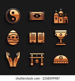 Set The commandments, Japan Gate, Jewish kippah with star of david, Christian chalice, Hands in praying position, Easter egg, Church building and Yin Yang icon. Vector